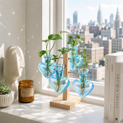 Nacome Plant Terrarium Propagation Stations: Blue Vase with Wooden Stand - color: Blue