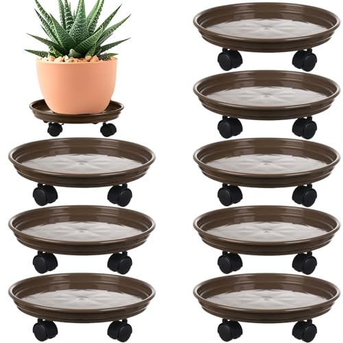 8 Packs Plant Caddy With Wheels 12" Plastic Rolling Stands Heavy-Duty Dolly With Casters Indoor and Outdoor Roller Base Large Heavy Pot Saucers Plant Mover, Brown - color: Brown, size: 12" - 8 packs