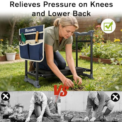 Garden Kneeler and Seat with Umbrella,Heavy Duty Gardening Bench and Stool - color: Beige & Blue