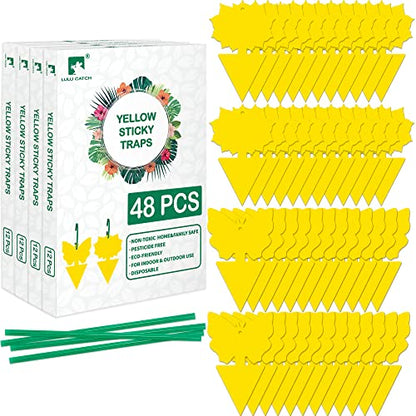 LULUCATCH Fruit Fly Sticky Trap 48 Pack, Safe Gnat Traps for Fruits, Plants, Super Sticky Fly Trap for Indoor, Outdoor, Kitchen, Insect Catcher for White Flies, Mosquitos, Fungus Gnats, Flying Insects - size: 48 Pack