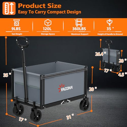 Yozoia 3 in 1 Wagons Carts Foldable,360LBS Beach Cart with Sturdy Wheels - color: Gray, size: 120L