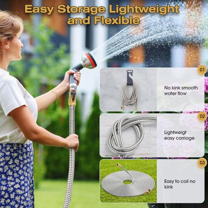 50FT Stainless Steel Metal Garden Hose - Lightweight, Kink-Free & Tangle-Free, Flexible with Brass Fittings, On/Off Valve, Pet Proof, Puncture Proof for Yard, RV, Car Washing (Silver) - color: Silver, size: 50 FT
