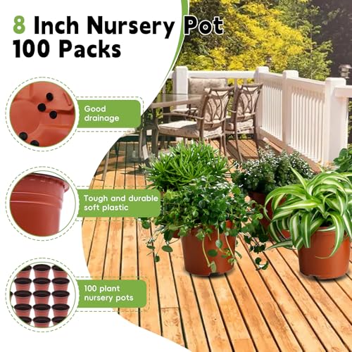 HOSTIC 8 Inch Nursery Pot Seedling Pot Plant Container Seed Starting Pots Multipurpose Plastic Pots 100 Packs - size: 8 Inch