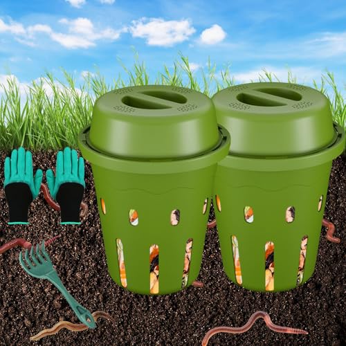 Inground Worm Composter, Mini Underground Worm Farm for Garden Beds, Outdoor Worm Compost Bin for Food Waste, Vermicomposting Bin for Beginners, Elderly, Children (7x7x7.4Inch), Green, 2-Pack - color: Green, size: 2-Pack