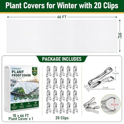 10x66FT Plant Covers Freeze Protection, Frost Cloth with 20 Clips - color: White-10*66FT