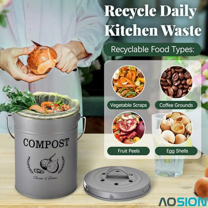 AOSION 1 Gallon Countertop Compost Bin for Kitchen with Lid,Odor Resistant - color: Grey(50 Pack Trash Bags & Garden Shovel)