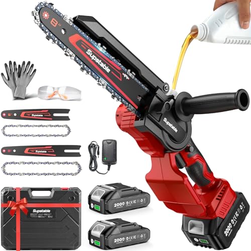 Mini Chainsaw Cordless, 8 Inch & 6 Inch Electric Chainsaw Battery Powered, 1000W Brushless Handheld Power Chain Saw with 2 Batteries, Small Tree Saw for Branch Trimming Wood Cutting - color: Red