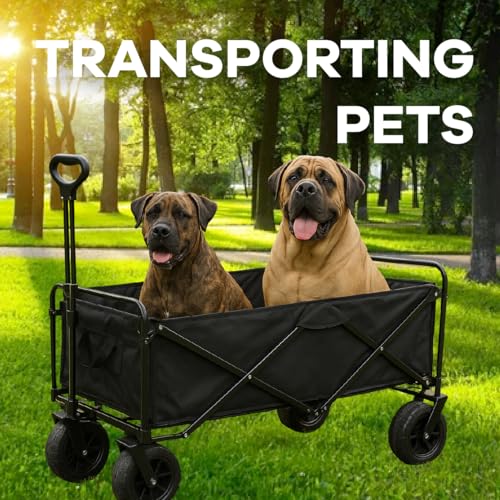 Collapsible Utility Wagon Cart, Heavy Duty Folding Garden Cart with Wheels, Black Steel Frame, 150 L Capacity - 330 LB Capacity