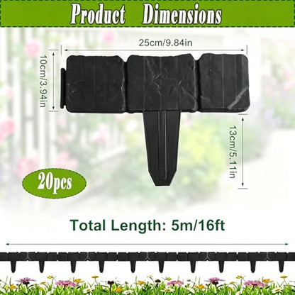 20Pcs Plastic Fence Panels, Black Stone-Look Garden Fencing - color: Black