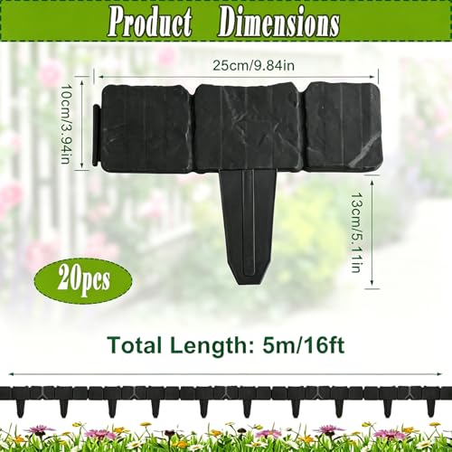 20Pcs Plastic Fence Panels, Black Stone-Look Garden Fencing - color: Black