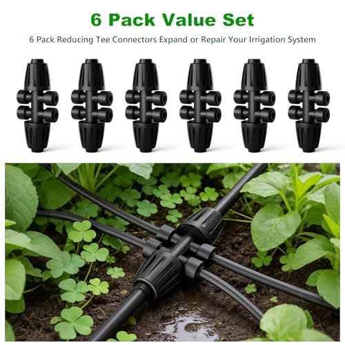 1/2 Inch to 1/4 Inch Barbed Tee Connectors, Drip Irrigation Reducing T Fittings for Main Line to Branch Line Conversion, Quick-Install Leak-Free Irrigation Connectors, 6 Pack - style: 1/2 Inch to 1/4 Inch Connectors