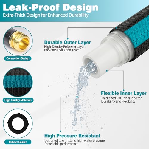 100FT Garden Hose, Kink-Free Non-Expandable Flexible Water Hose with 10-Pattern Spray Nozzle, Lightweight Leakproof Flat Hose with 3/4” Solid Brass Connector for Yard, Lawn & Outdoor Use - size: 100FT