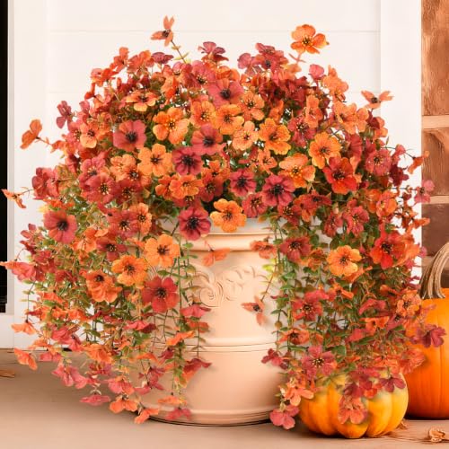 INQCMY Artificial Fall Flowers for Outdoors Faux Mums UV Resistant - color: Orange Fall Red