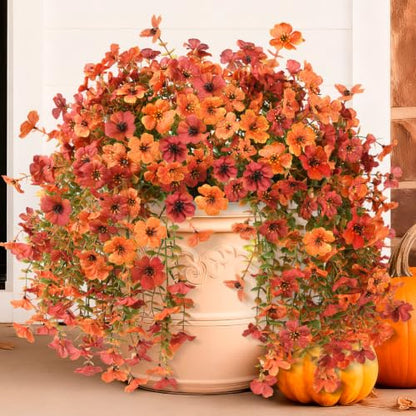 INQCMY Artificial Fall Flowers for Outdoors Faux Mums UV Resistant - color: Orange Fall Red