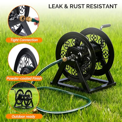 VINGLI Decorative Hose Reel, Wall Mount Water Hose Reel for Garden Outside with Heavy Duty Portable Rolling Design Metal, 108FT Capacity for 3/4" Hose for Outdoor Use (Black)