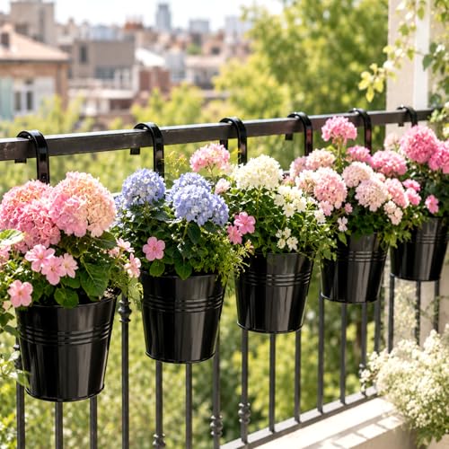 KINGLAKE Flower Pots,10 Pcs Metal Iron Hanging Flower Plant Pot Balcony Garden Plant Planter Baskets Fence Bucket Pots 10.6" & 5.1" Flower Holders with Detachable Hook Black - color: Black, size: 10.8 Inch and 5.1 Inch