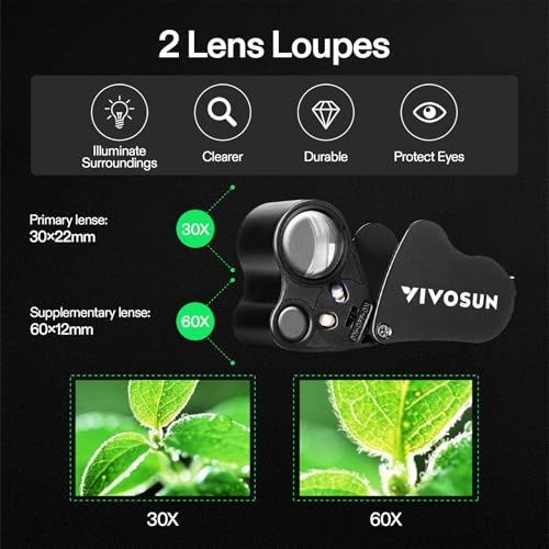 VIVOSUN 2-Pack 30X 60X Illuminated Jewelers Loupe Foldable Magnifier and 2-Pack Gardening Hand Pruner