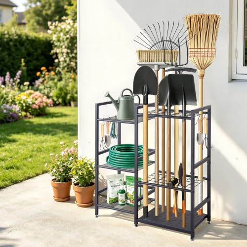 VEVOR Garden Tool Organizer with Guard Rail, 3-Tier Metal Storage Rack