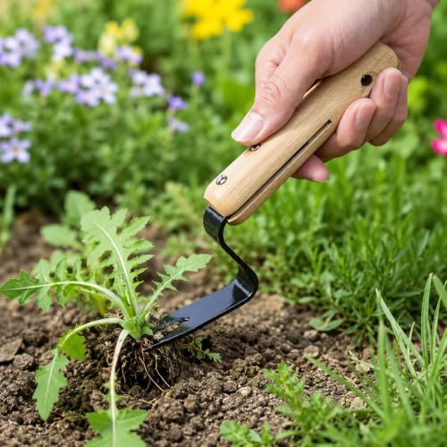 Garden Hand Weeder Tool with Wooden Handle, Manual Weed Puller with Leverage Base for Labor-Saving Removal, Stainless Steel Deep Root Lifter for Dandelions & Thistles