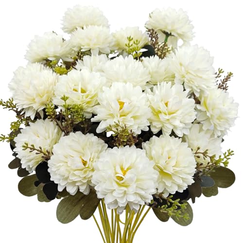 Fall Flowers Artificial Mums 2 Pcs 18 Heads Silk Chrysanthemums Fake Mums Faux Floral Bouquet Arrangements for Home Decor Indoor Outdoors Planter Pots Porch Wedding Autumn Decoration (White) - color: White