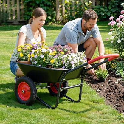 Autodaya Dual-Wheel Garden Cart, 14" Pneumatic Tires & Built-in Stand, 4.5 Cu Ft Utility Yard Wheelbarrow for Gardening, Soil, Construction, Easy Assembly,Red - color: 330lb|red-4.5 Cu Ft