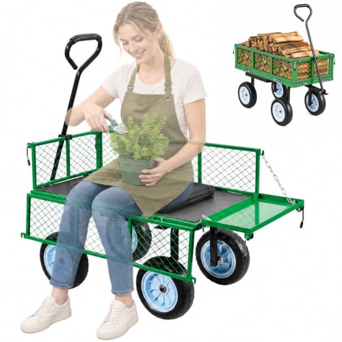 VEVOR 500 LBS Steel Garden Cart with Work Seat, Heavy Duty Garden Wagon Cart on Wheels, Outdoor Metal Utility Yard Wagon Gardening Stool with 10inch Flat Free Tires & Adjustable Handle, Green - color: Green