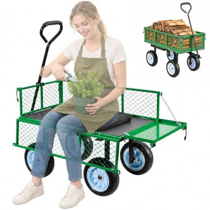 VEVOR 500 LBS Steel Garden Cart with Work Seat, Heavy Duty Garden Wagon Cart on Wheels, Outdoor Metal Utility Yard Wagon Gardening Stool with 10inch Flat Free Tires & Adjustable Handle, Green - color: Green