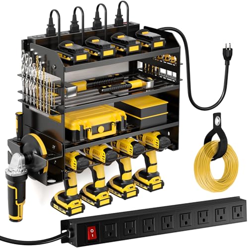 POKIPO Power Tool Organizer Wall Mount with Charging Station,Tool Storage Rack with 8 Outlet Power Strip,Heavy Duty Metal Battery Utility Rack with 4 Cordless Drill Holder 6.56 Ft Cord for Garage - color: Black, size: Standard