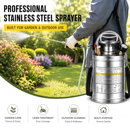 3.5 Gallon Stainless Steel Sprayer, Hand Metal Pump Up Sprayer Reinforced Hose with Pressure Gauge, Safety Valve & Adjustable Nozzle, Garden Weed Sprayers for Lawn, Gardening, Sanitizing - style: 3.5 Gal