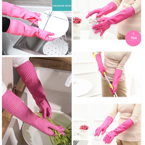 Bamllum 3 Pairs of Rubber Dishwashing Gloves for Kitchen and Household Cleaning – Long Cuff 15", Reusable, Flexible Long-lasting and Non-Slip (Red+Yellow+Green, X-Large) - size: XL(Best for Large Hands)