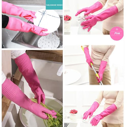 Bamllum 3 Pairs of Rubber Dishwashing Gloves for Kitchen and Household Cleaning – Long Cuff 15", Reusable, Flexible Long-lasting and Non-Slip (Red+Yellow+Green, Medium) - size: M(Best for Small Hands)