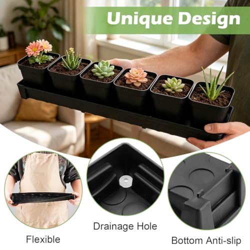 RooTrimmer 10 Pack Plastic Windowsill Saucer with 2.8 inch (7CM) Square Nursery Pots 60pcs, Rectangular Window Sill Plant Pot Trays with Removable Drainage Hole, Thick Plant Saucer Tray (Black) - size: Trays (17"x3"x1.5") + 2.8 Inch Pots-10 Pack