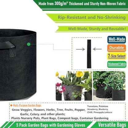 5-Pack 10 Gallon Thickened Plant Grow Bags (16x12 in) Fabric Plant Pots for Tomato,Potato Planters,Herbs Veggies Planter Bag,Flower Pot,Garden Pot,Barrel Planter,Plant Container with Gardening Gloves - size: 10 Gallon (16x12 inches)