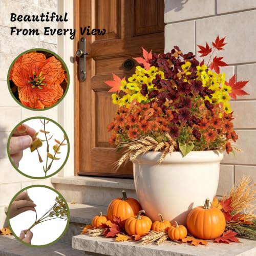 12 Bundles Artificial Mums, UV Resistant, Orange