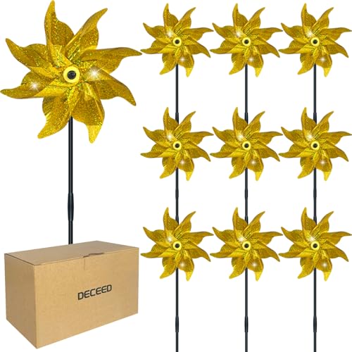 10 PCS Reflective Pinwheels for Yard and Garden Bird Devices Pre-Installed Sparkly Wind Spinner Deterrent to Scare Birds Away from Yard Patio Farm (Yellow) - color: Yellow