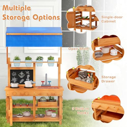 GLACER Mud Kitchen, Fir Wood Kids Play Kitchen with Adjustable Canopy, 4 Planting Pots, Blackboard, Kids Potting Bench Table, Outdoor Mud Table for Girls & Boys 3+