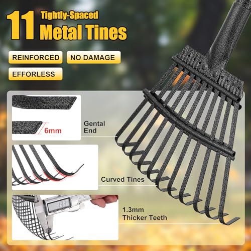 Leaf Rake: 8.5" Wide Heavy Duty Small Metal Garden Rake for Lawn Yard Garden Bed Leaves Debris Shrub Pine Needles Cleanup, 11 Metal Tines, Lightweight Kids Leaf Rakes, 72” Long Handle - style: 11 tines-6ft