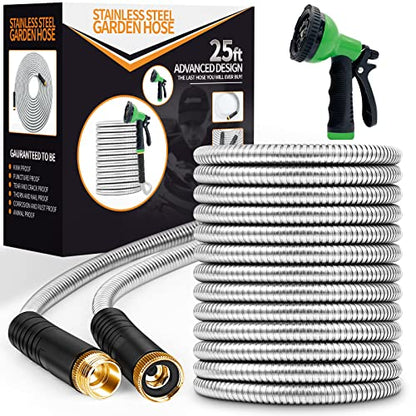 Unywarse Garden Hose 25FT Metal Water Hose with 10 Function Nozzle No-Kink - size: 25ft