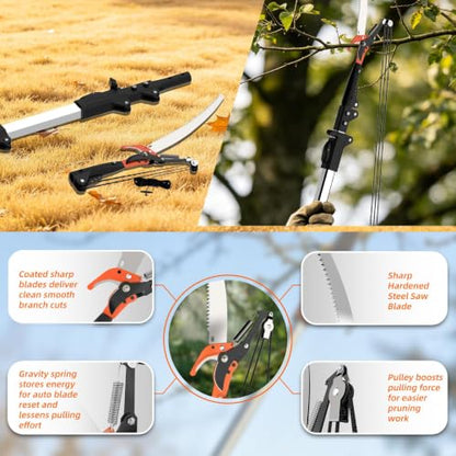 20FT Reach Manual Pole Saw, 2-in-1 Pole Pruner for Tree Trimming, 4-Section 5-12FT Retractable Square Pole, Labor-Saving Pulley & Hardened Steel Blade for Fruit, Palm, High Orchard Branches