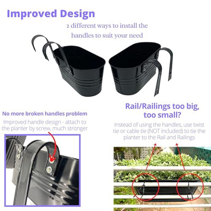 LaLaGreen Outdoor Plants Rail Planter (11.2 Inch, 8 Pack) Black Metal Iron Hanging Flower Pots Deck Railings Fence Buckets Modern Garden Boho Style Wall Mount Window Box Plant Holder Hooks Porch Decor - size: 11.2" (28cm) x 8 Pack