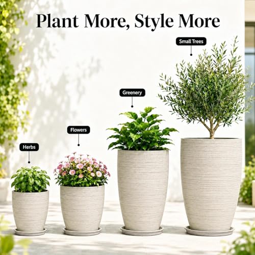 Usocik Large Outdoor Planters, Set of 4, 10/12/21/24 Inch, Beige Matte - color: Beige Ribbed Matte