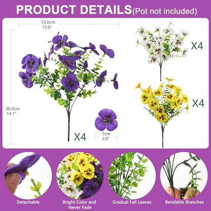 INQCMY Fake Artificial Pansy Flowers Plants for Outdoors UV Resistant - color: Deep Purple, Yellow, White