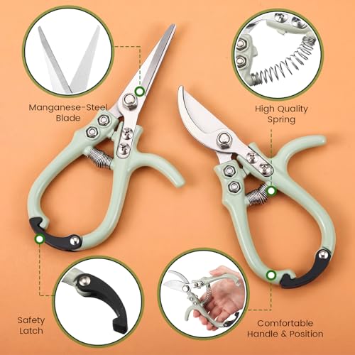 Plant Scissors with Lock 2 Pack, 6'' Bypass Hand Pruner & 6.7" Precision Garden Scissors Rust Resistant Hand Sprout Pruning Shears Gardening Tools for Herbs, Plants
