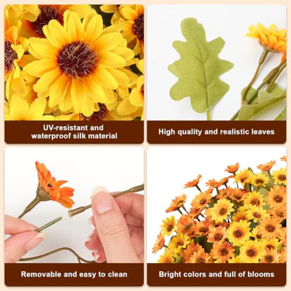 12 PCS Artificial Mums for Outdoors, UV Resistant Fake Fall Flowers - color: Yellow + Orange