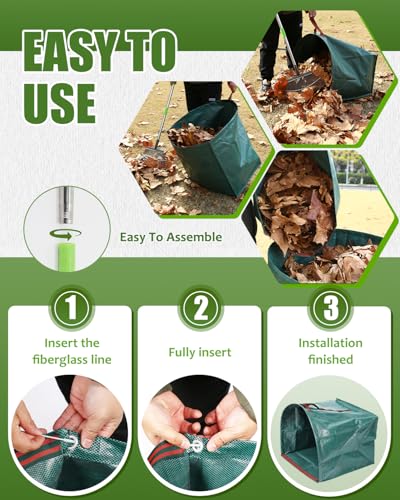 65 Inch 25 Tines Metal Leaf Rake Set with 40 Gal Dustpan-Type Bags - style: Green Dustpan