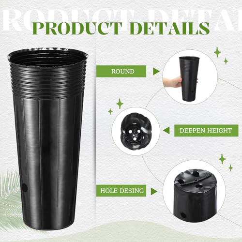 100 Pack Tall Tree Pot 9.8'' x 4.7'', Black Plastic Deep Nursery Pots, Soft Deep Seedling Pots for Seed Starting, Plant Starter Cups with Drainage Holes for Flowers, Cuttings Transplanting - size: 9.8'' X 4.7''