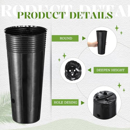 100 Pack Tall Tree Pot 9.8'' x 4.7'', Black Plastic Deep Nursery Pots, Soft Deep Seedling Pots for Seed Starting, Plant Starter Cups with Drainage Holes for Flowers, Cuttings Transplanting - size: 9.8'' X 4.7''