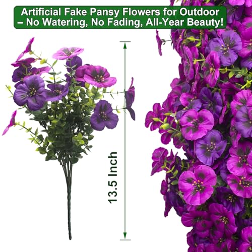 Grunyia Fake Flowers 16Pcs Artificial Pansy Silk Flowers UV Resistant for Outdoor Planters, Realistic Faux Pansies for Porch Patio Window Box Decor (Deep Purple & Light Purple) - color: Deep Purple+light Purple