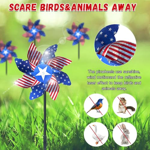 10 PCS Reflective Pinwheels for Yard and Garden Bird Devices Pre-Installed Sparkly Wind Spinner Deterrent to Scare Birds Away from Yard Patio Farm (Red&White&Blue) - color: Red&white&blue