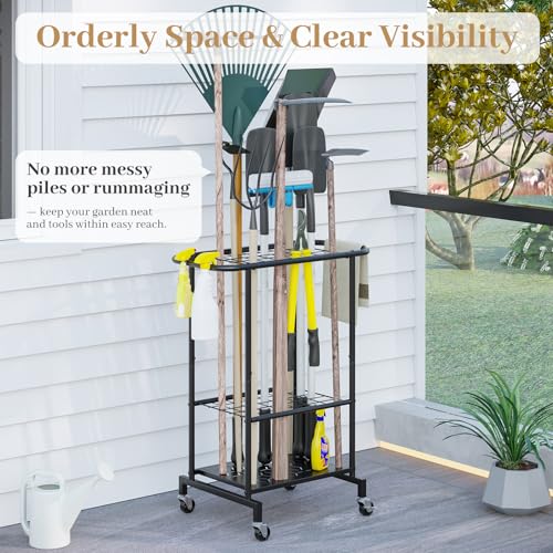 Garden Tool Organizer with Wheels, Heavy Duty Metal Garage Tool Storage Rack, Yard Tool Holder for Long-Handled Tools, Rakes and Brooms, Indoor and Outdoor Use for Shed, Patio - style: Tool Rack with Wheels